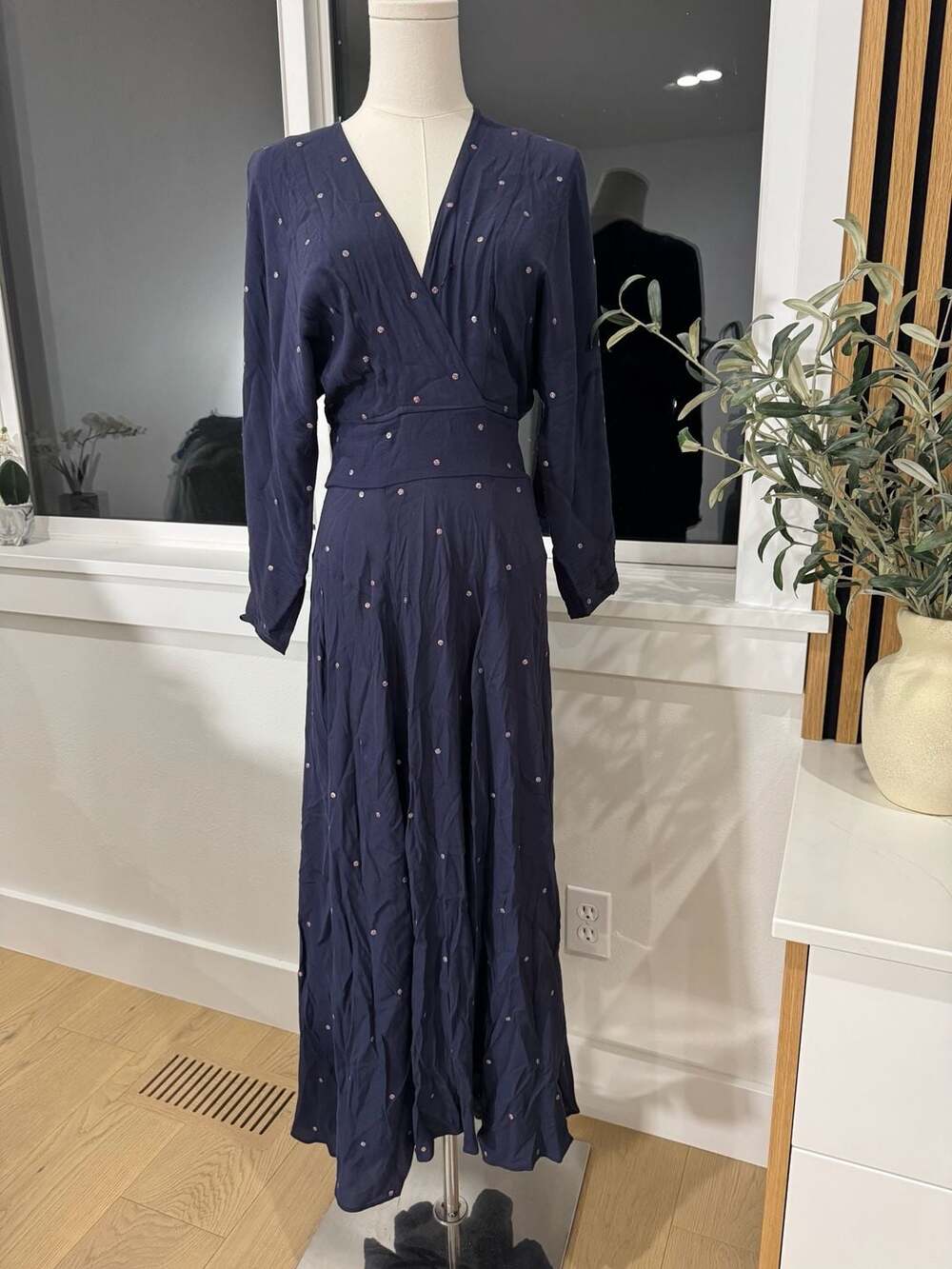 Maje Rolene Long Sleeve V-Neck Maxi Dress in Navy with Silver Polka Dot Print